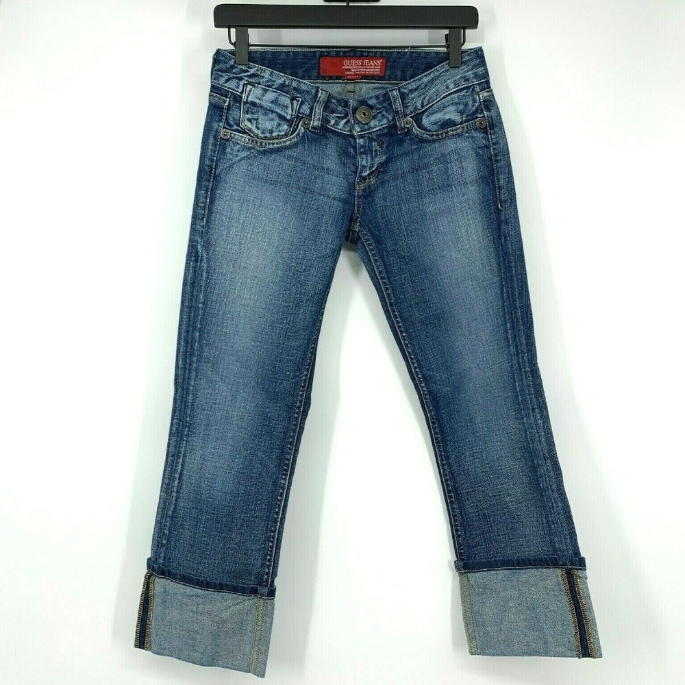 Vintage Guess Jeans Womens 27 Blue Denim Crop Straight Cuffed Stretch Low Rise